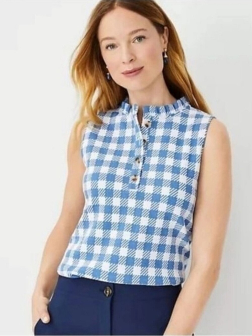Ann Taylor NEW Sleeveless Blue Gingham Button-Front Top Size L